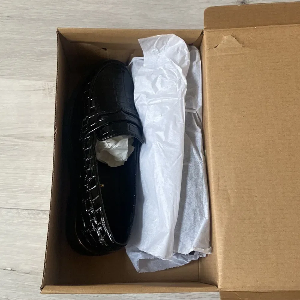 schuh Wide Fit Lenzo loafers in black‎ croc Size